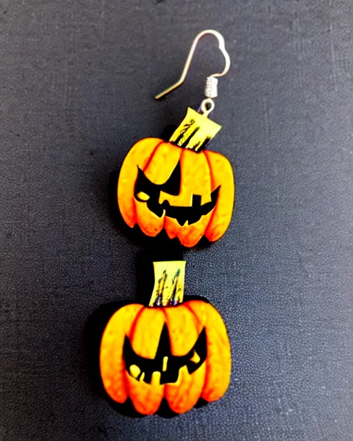 Prompt: spooky cartoon jack'o'lantern, 2 d lasercut earrings, in the style of tim burton