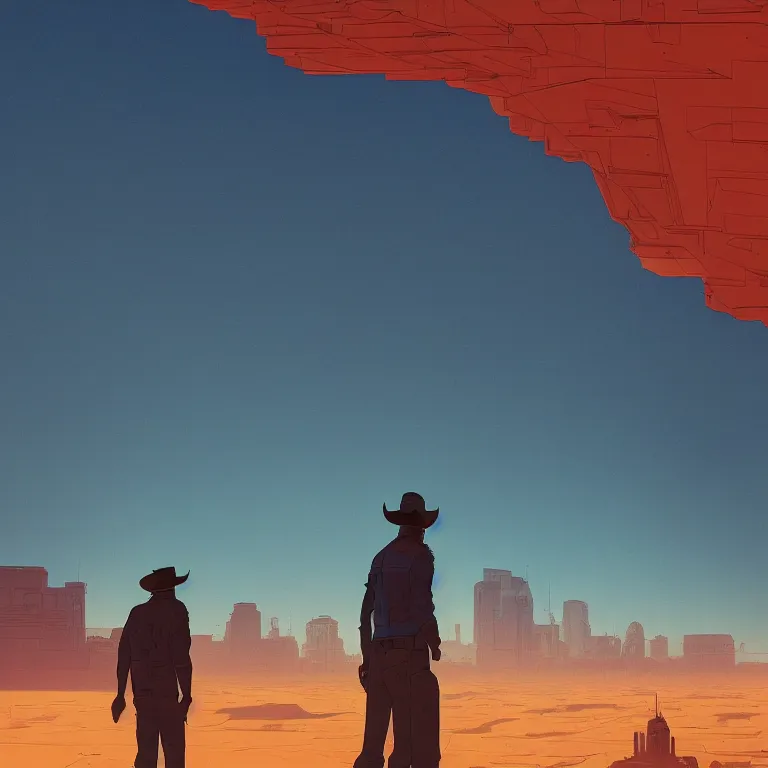 Prompt: a cowboy standing alone in the desert looking out at futuristic city far away in the distance by tomer hanuka and beeple and chester don powell, epic scale, dramatic composition, sharp focus, bold colors, 3 d shading, volumetric lighting, highly detailed, beautiful, masterpiece, rule of thirds