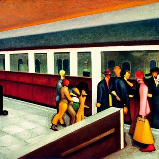 Image similar to crowded subway station interior, art deco, brutalism, dystopian, pj crook, edward hopper, oil on canvas