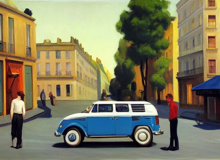 Prompt: painting, two young men and women near blue vw bus on paris street, by edward hopper, bernardo bertolucci dreamers movie scene