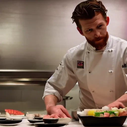 Prompt: Tom Holland with a beard as a chef making sushi, Cinematic shot, studio lighting