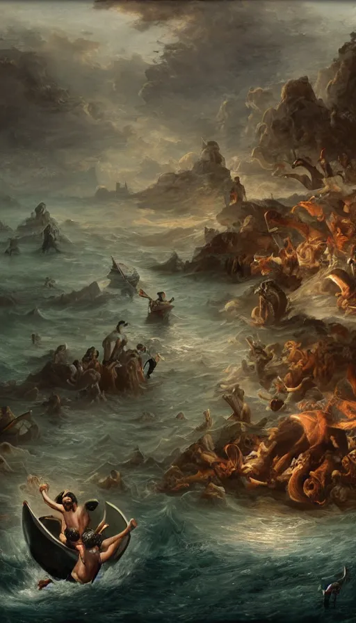 Image similar to man on boat crossing a body of water in hell with creatures in the water, sea of souls, by fortiche studio