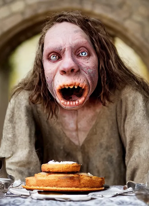 Image similar to closeup portrait of a medieval goblin eating cakes in the cloisters, depth of field, zeiss lens, detailed, symmetrical, centered, fashion photoshoot, by Annie Leibovitz and Steve McCurry, David Lazar, Jimmy Nelsson, Breathtaking, 8k resolution, extremely detailed, beautiful, establishing shot, artistic, hyperrealistic, beautiful face, octane render