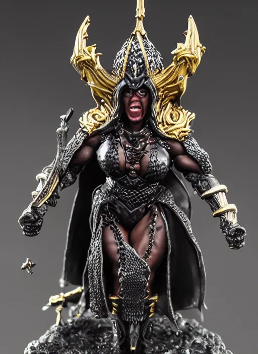 Image similar to 80mm resin detailed miniature of a Very Muscular Queen, angry, black skin, long cloak, bikini-armor, iron crown, Shaved Skinhead, on textured disc base, Company logo in upper left corner; Miniature product Photo, 4K, Full body