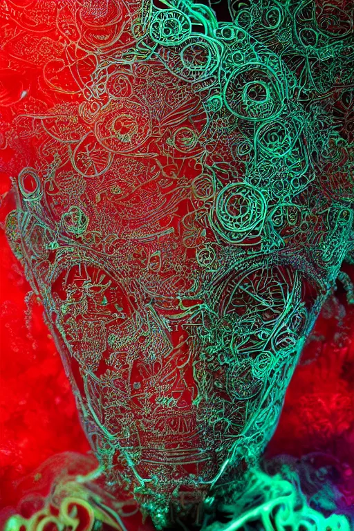 Image similar to a melancholic realistic 8k sculpture of a complex robotic human face, liquid metal simulation, bright psychedelic neon colors, dark dramatic lighting, hexagonal mesh wire, filigree intricate details, cinematic, fleshy, red blossoms, green ivy, elegant, 50mm lens, DOF, octane render, art nouveau, 8k post-processing, intricate art by greg rutkowski