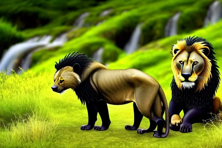 Image similar to two animals : a lion and a honey badger, sitting in a meadow with a waterfall in the background, many details, high quality, 8 k