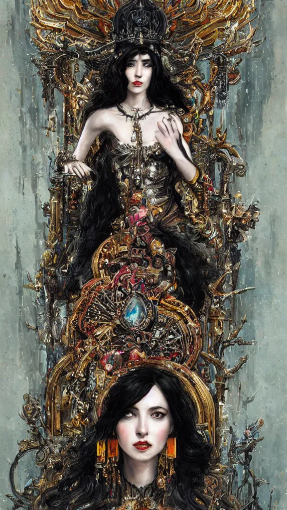 Image similar to painting of a beautiful black haired woman with pale skin and a crown on her head sitted on an intricate metal throne, illustration, artistic, colorful, hyper detailed, in the style of greg rutkowski,