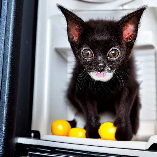 Image similar to a bat kitten, sitting in front of a fridge, photo taken by a nikon, very detailed, 4k