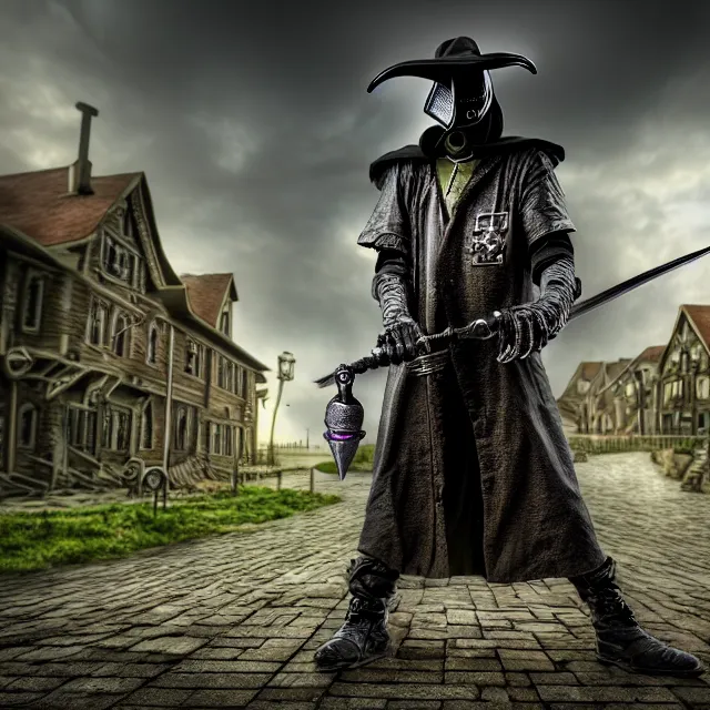 Prompt: cyber plague doctor warrior, highly detailed, 8 k, hdr, smooth, sharp focus, high resolution, award - winning photo