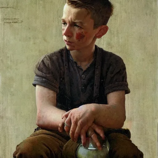 Prompt: A sad boy, artwork by Norman Rockwell, cinematic view, high quality