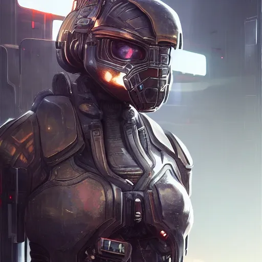 Image similar to ultra realist and ultra intricate detailed soft painting of a beautiful sci-fi armored female, from the waist up, sci-fi helmet, symmetry features, sensual gloomy style, volumetric clouds, cyberpunk burning building background, artstation, unreal render, depth of field