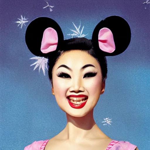 Image similar to beautiful bald asian woman with pinup makeup wearing disneyland mouse ears standing in front of the disneyland castle at night, oil painting, highly detailed, theatrical lighting, sharp focus