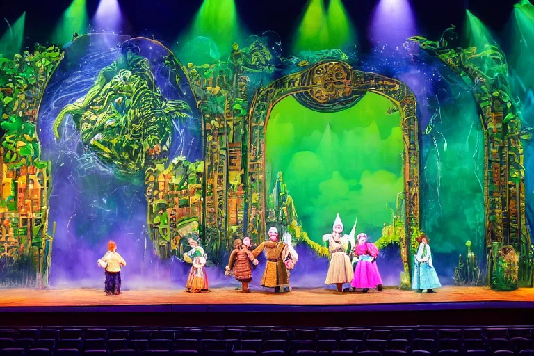 Prompt: photo of a huge theaterstage, play is the wizard of oz, 3 actors on stage, 8 k, multicolored, exaggerated detailed, long shot