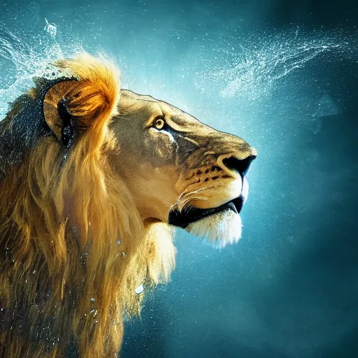 Image similar to a male lion's face breaching through a wall of water, water sprites, splashing, deep blue water color, highly detailed