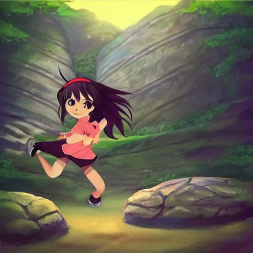 Image similar to “Indians jones as an anime girl running away from a rolling giant stone boulder trap, anime art”