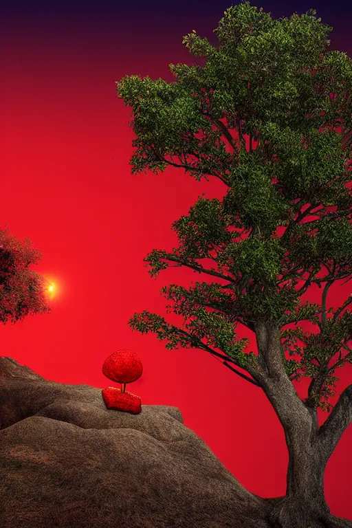 Prompt: a bright red creature next to a tree on a hill at night, 4 k
