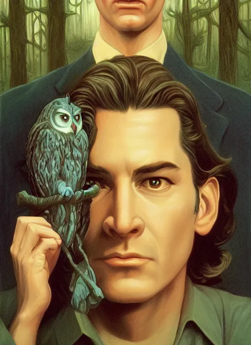 Image similar to twin peaks poster art, by michael whelan, rossetti bouguereau, artgerm, retro, nostalgic, old fashioned, 1 9 8 0 s teen horror novel cover, book, dale cooper, kyle mclaughlin, large owl wings wrap around dale cooper