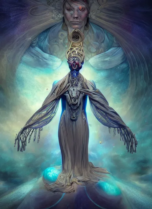 Prompt: epic portrait of menacing and agitated yet stunningly beautiful biomechanical djinn divine priest of creation overseeing the iridescent fabric of the universe, by charlie bowater, mandy jurgens, gustav klimt, octane render, dramatic camera angle, 4k, 8k, high detail, HDR, by tom bagshaw, powerful, with inspiration from Beksinski, inspired by greek goddess Athena