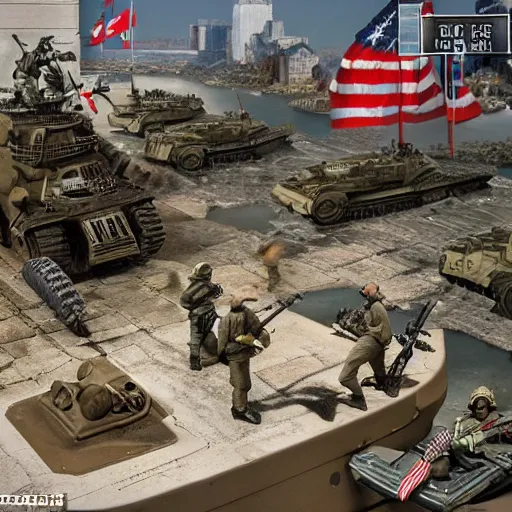 Image similar to The war between the Soviet Union and America, the action takes place in New York, far away against the background of the Statue of Liberty, a lot of soldiers and military equipment, a lot of explosions and tracer bullets, a lot of ruins, a very epic battle, The style of photography of the 80s, very detailed and detailed style