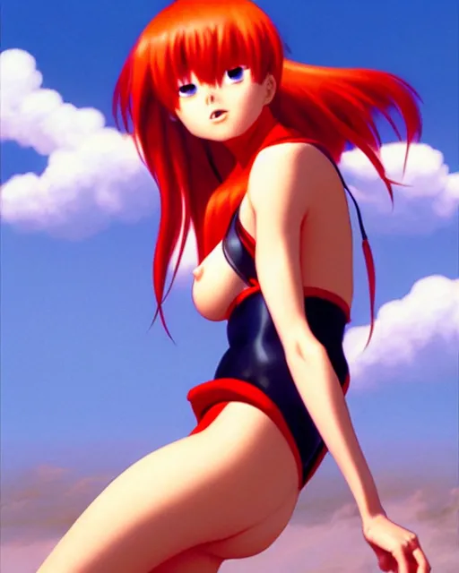 Image similar to pixar movie still photo of asuka langley soryu pleasuring herself, asuka from evangelion, by greg rutkowski, gil elvgren, enoch bolles, glossy skin, pearlescent, anime, maxim magazine, very coherent