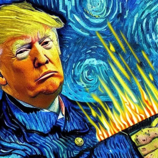 Prompt: donald trump holding a flame thrower, painting by van gogh, detailed, colorful