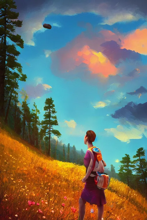 Prompt: giant daisy flower head, girl hiking in the mountains, surreal photography, sunrise, dramatic light, impressionist painting, colorful clouds, digital painting, artstation, simon stalenhag