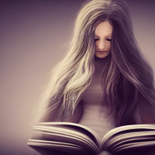 Image similar to a girl reading a book, her hair flowing down, symmetric!!, anatomically correct, concept style, trending on artstation, concept art, detailed, octane render, cinematic, photo-realistic, 8k, high detailed