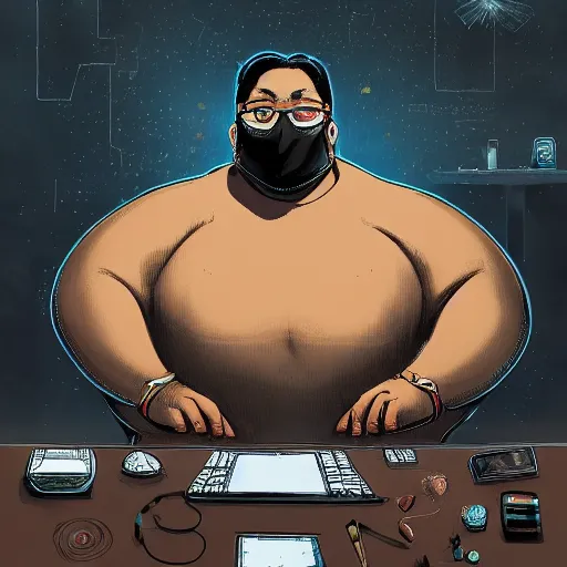 Image similar to an insanely detailed painting of a chubby nerdy asian man wearing a homemade superhero costume and mask, sitting at a computer desk typing on the keyboard, in the style of peter mohrbacher, dramatic lighting and composition, trending on artstation, concept art, comic book, graphic novel, back view