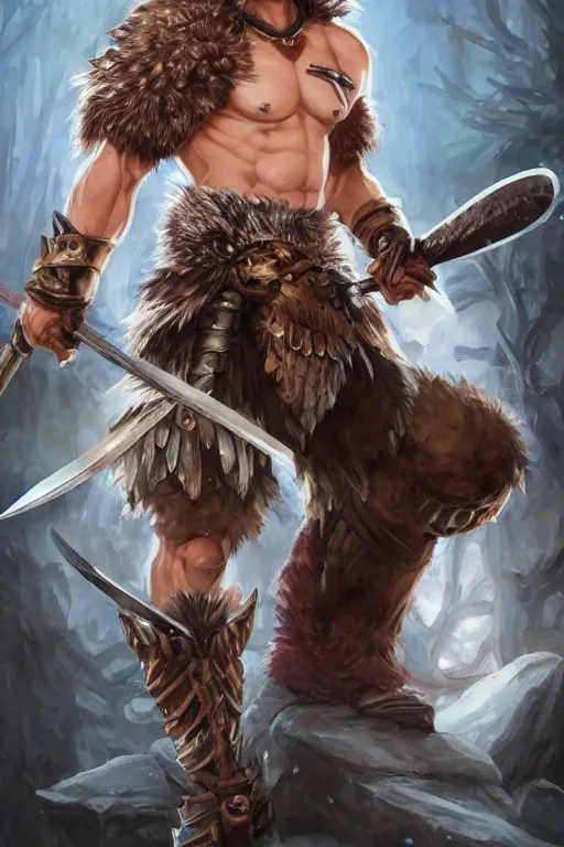 Image similar to A realistic anime portrait of a young handsome male barbarian with long wild hair, intricate fantasy spear, plated armor, D&D, dungeons and dragons, tabletop role playing game, rpg, jrpg, digital painting, by Stanley Artgerm Lau, Sakimichan, WLOP and Rossdraws, digtial painting, trending on ArtStation, SFW version