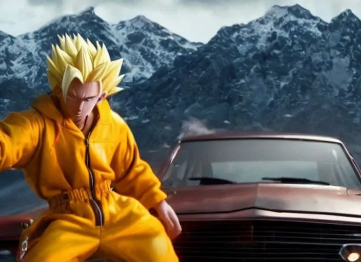 Image similar to a very high resolution image from a new movie, eminem going super saiyan driving a car. inside of a car. alone. mountains, directed by wes anderson