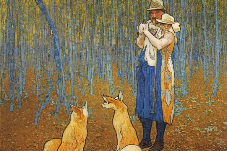 Image similar to landscape art nouveau painting of an old man dressed as a farmer and his fox in the forest, by alphonse mucha and gustav klimt and antoni gaudi, masterpiece,, warm shades of blue, silver, orange, gold, and pink, oil painting, high resolution, very detailed, oil on canvas, trending on artstation