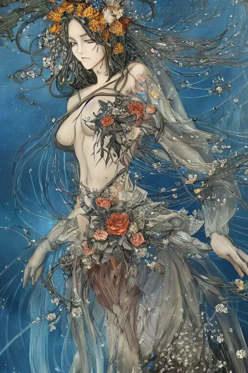 Prompt: breathtaking detailed anime painting of a dryad in a pond with koi fish and intricate flowers of light, gauze dress draped of fireflies and art nouveau golden ribbons, soft blue tones, in style of yoji shinkawa and hyung - tae kim, trending on artstation, dark fantasy, great composition, concept art, highly detailed, dynamic pose,