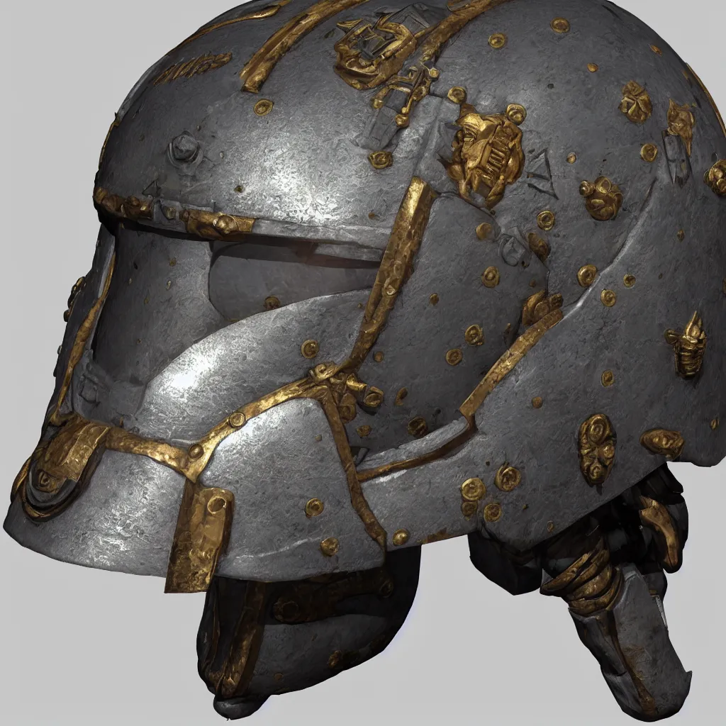 Image similar to medieval space marine helmet, unreal engine, 8 k, ultra realistic, ultra detail