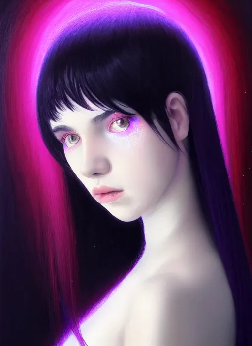 Image similar to portrait of teenage girl with white bangs, red irises, black hair, purple clothes, white bangs, bangs are different color from hair, intricate, front of hair is white rest is black, elegant, glowing lights, highly detailed, digital painting, artstation, concept art, smooth, sharp focus, illustration, art by wlop, mars ravelo and greg rutkowski