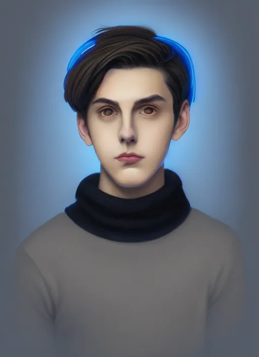 Image similar to portrait of teenage jughead jones wearing a light grey crown, crown, blue turtleneck, closed eyes, photorealistic, black hair, glowing lighting, intricate, elegant, glowing lights, highly detailed, digital painting, artstation, concept art, smooth, sharp focus, illustration, art by wlop, mars ravelo and greg rutkowski