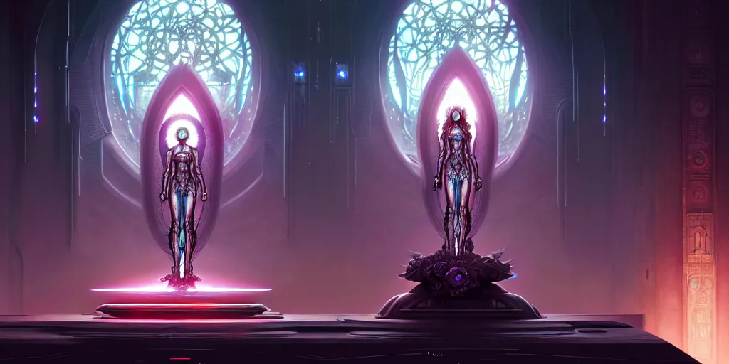 Prompt: ultra detailed female android deity, altar, futuristic gothic environment, ethereal flowerpunk, scifi, fantasy, cyberpunk, octane render, megalopolis, unreal engine, asymmetrical!!! intricate concept art, triadic color, art by artgerm and wlop and giger and greg rutkowski and alphonse mucha, 8 k
