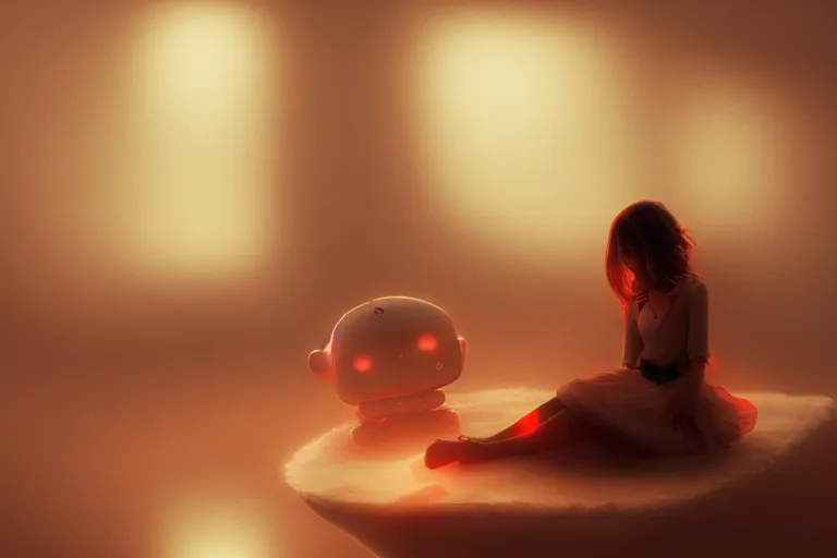 Image similar to a cute robot girl sitting on a cloud relaxing, misty, digital art, hazy, foggy, red lighting, ambient lighting, 8 k,