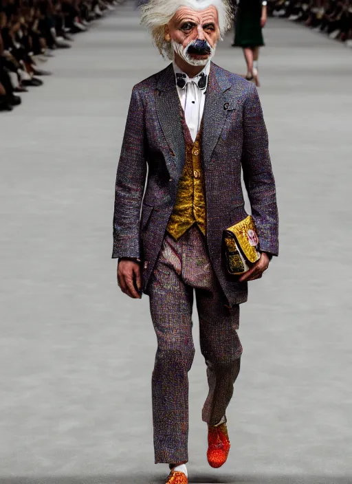 Image similar to hyperrealistic and heavy detailed gucci runway show of albert einstein, leica sl 2 5 0 mm, vivid color, high quality, high textured, real life