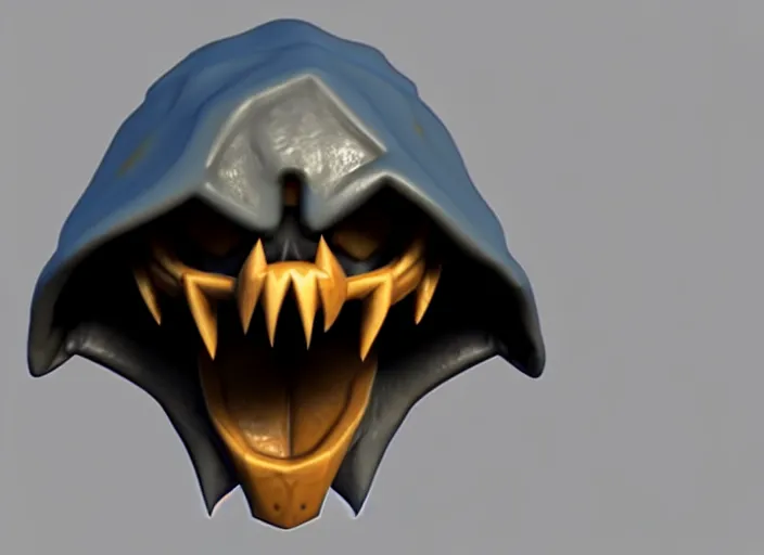 Prompt: hooded skull, with big lower troll - like fangs, stylized stl, 3 d render, activision blizzard style, hearthstone style, crash bandicoot artstyle