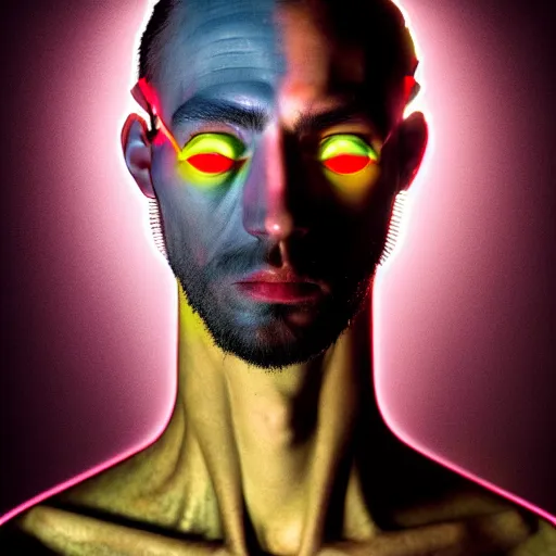 Image similar to Colour Caravaggio Bosch style Photography of Man with reflecting glowing skin with highly detailed 1000 years old face with reflecting glowing skin wearing highly detailed sci-fi VR headset designed by Josan Gonzalez. Many details . In style of Josan Gonzalez and Mike Winkelmann and andgreg rutkowski and alphonse muchaand and Caspar David Friedrich and Stephen Hickman and James Gurney and Hiromasa Ogura. Rendered in Blender and Octane Render volumetric natural light