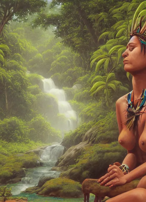 Image similar to a realistic painting of an indigenous female shaman relaxing near a river in the amazon jungle, gazing at the water, highly detailed, art by christophe vacher