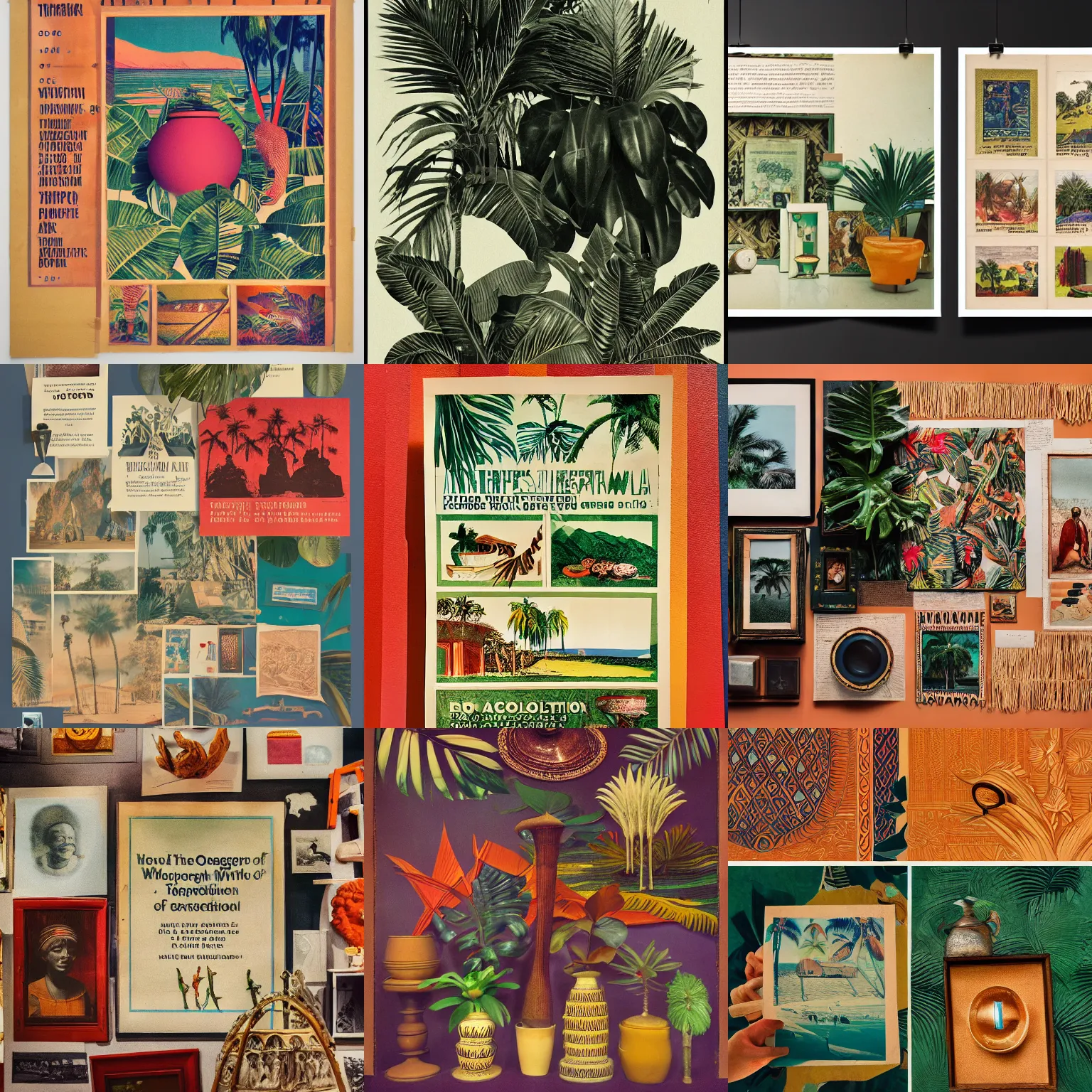 Prompt: An offset photography of a composition of five object on display, three colors, (anthropology of wonder), ((((exotic artifacts)))), bauhause, tropicalism, (colonial expedition), exhibition flyer, 60s style