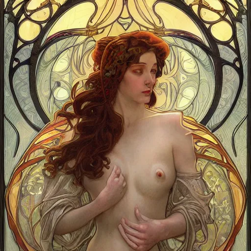 Prompt: an art nouveau painting in the style of donato giancola, and in the style of charlie bowater, and in the style of alphonse mucha. symmetry, smooth, sharp focus, semi - realism, intricate detail.