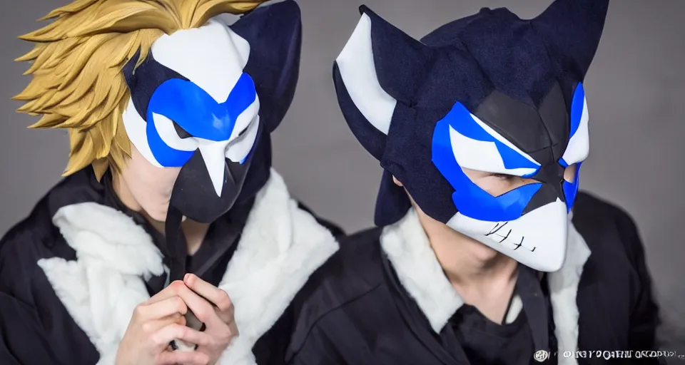 Image similar to Haikyuu Tendou Satori wearing mirrors-edge style clothes and a blue kitsune mask. DSLR Camera with a large sensor. Soft lighting and shadows. F/2.8 or f/4. ISO 1600. Shutter speed 1/60 sec. Lightroom.