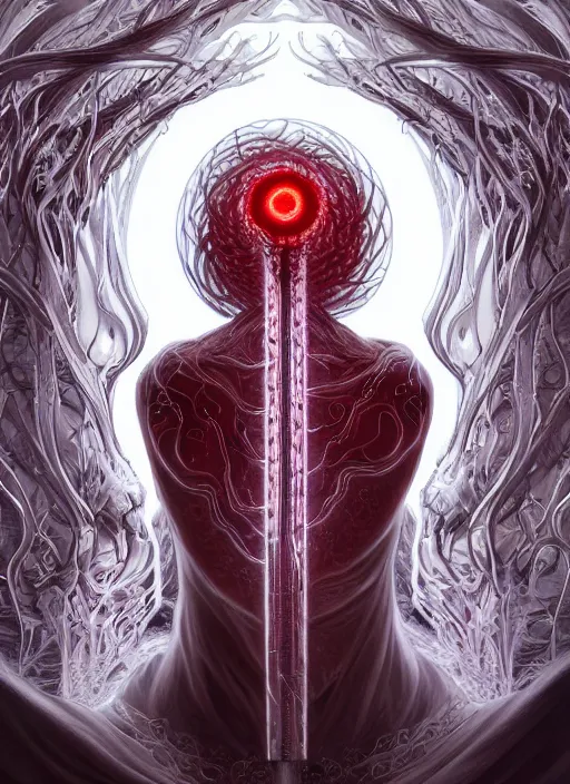 Image similar to cthonic resonance, red and white fractal glowing eyes, genetically augmented pale white young man wreathed in white gold flames, tracing the central nervous system throughout his body, fantasy, extremely detailed, digital painting, artstation, concept art, smooth, sharp focus, illustration, stunning lighting, art by artgerm and greg rutkowski and alphonse mucha and simon stalenhag, realistic character concept, high fantasy, dark atmosphere, golden ratio, cinematic lighting, hyperdetailed, high resolution, insanely detailed and intricate, artstation, Marc Simonetti, Greg Rutkowski, 8k