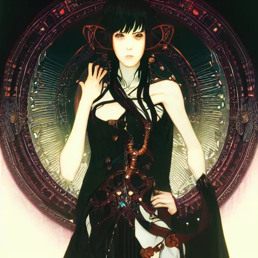 Prompt: detailed portrait dark girl of cyberpunk wizard, wizard magic staff, elite, elegant, concept art, intricate complexity, by shigenori soejima, krenz cushart, alphonse mucha, takato yamamoto, rule of thirds, 4 k, beautiful, cinematic dramatic atmosphere