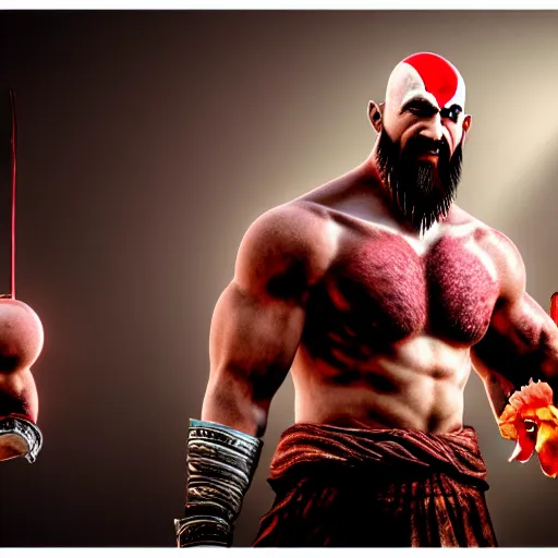 Prompt: photo of Kratos with a chicken head!!, volumetric lighting, high detail, 8k