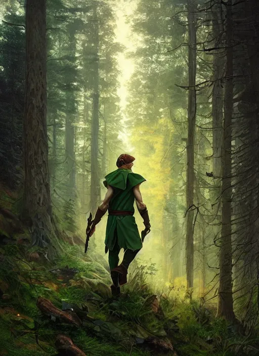 Prompt: elf man wearing dark green with a shield on his back standing at a forest looking for adventure in the mountains, tall trees, landscape is lush, moody sunset in background, greg rutkowski, alphonse mucha, trending on artstation, artgerm, unreal engine, breathtaking, award winning, highly detailed