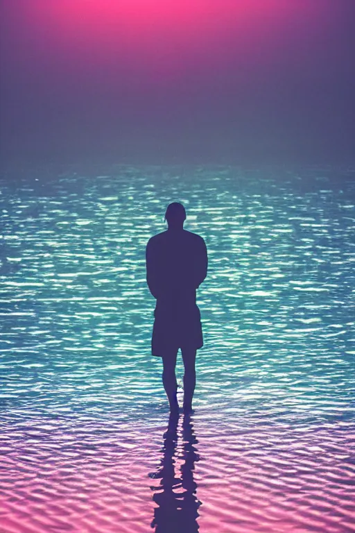 Prompt: agfa vista 4 0 0 photograph of a guy walking on water, back view, synth vibe, vaporwave colors, lens flare, moody lighting, moody vibe, telephoto, 9 0 s vibe, blurry background, grain, tranquil, calm, faded!,