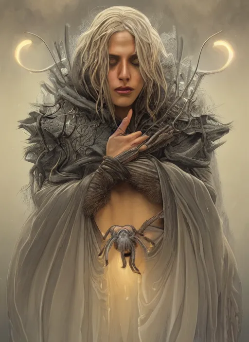 Prompt: A Tarantula, silver hair, cloak, male, fantasy, extremely detailed, digital painting, artstation, concept art, smooth, sharp focus, illustration, stunning lighting, art by artgerm and greg rutkowski and alphonse mucha and simon stalenhag, realistic character concept, low fantasy, light atmosphere, golden ratio, cinematic lighting, hyperdetailed, high resolution, insanely detailed and intricate, artstation, Marc Simonetti, Greg Rutkowski, 8k